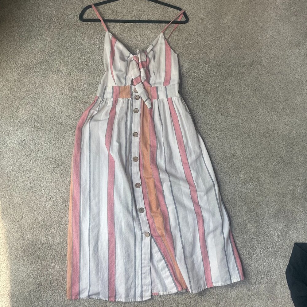 Japna strappy midi dress with red, white, gray, and orange stripes, size large